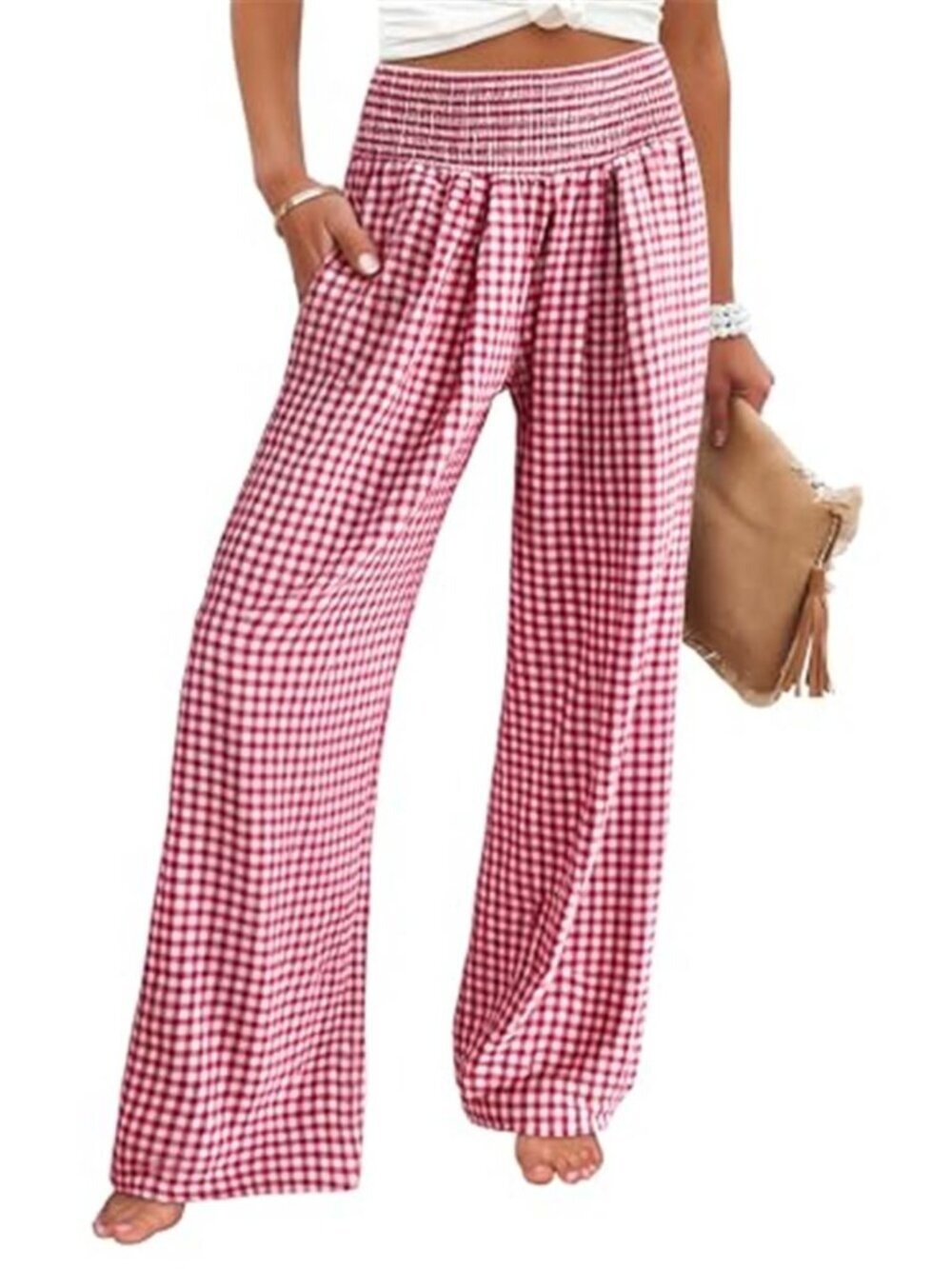 Women's Red Palazzo Pants, Striped & Gingham, Lounge & Casual, Lounge Pants